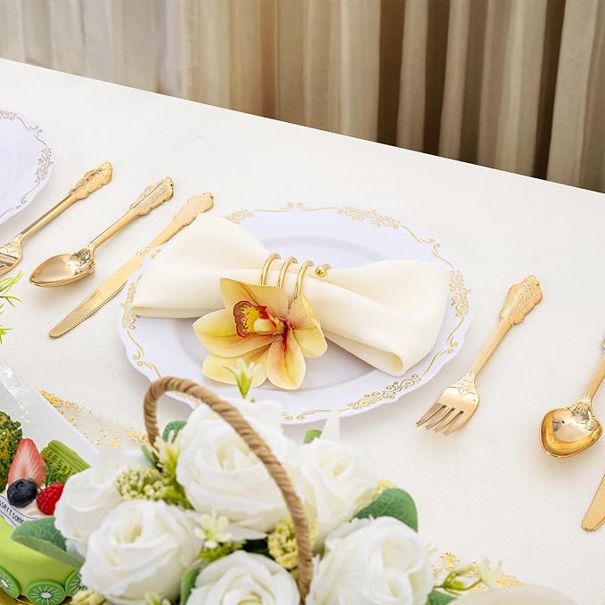 DaYammi 60PCS White and Gold Plastic Plates - Image 8