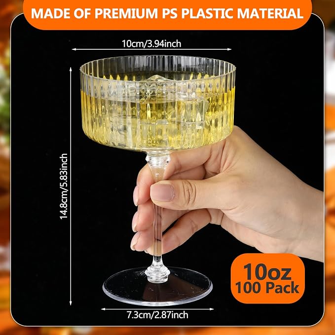 Jingmore 100 Pcs Ribbed Martini Glasses 10 oz Disposable Plastic Vintage Ribbed - Image 2