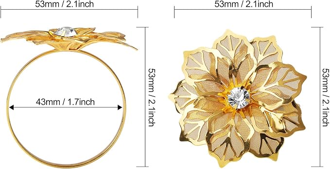 KPOSIYA Flower Napkin Rings Holder Metal Gold Napkin Rings Set of 12 - Image 3