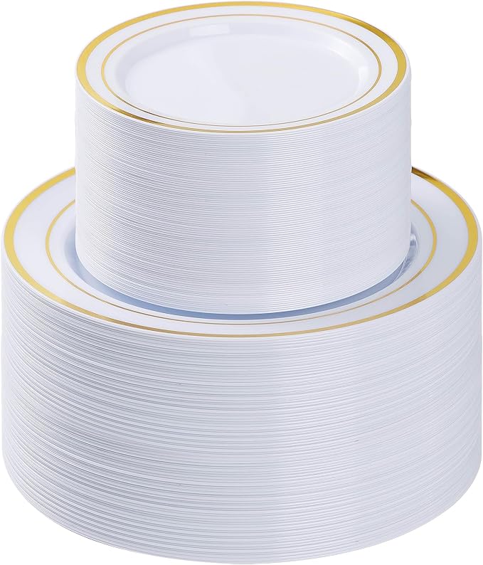 BESTVIP 200PCS Gold Plastic Plate, Disposable Party Plates | 100 Dinner Plates by Bestvip