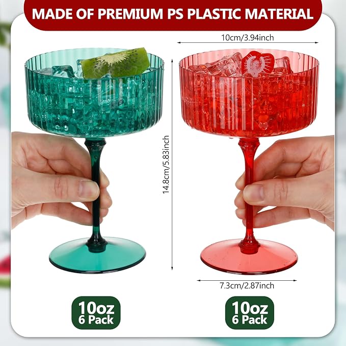 Jingmore 12 Pcs Ribbed Martini Glasses 10 oz Disposable Plastic Vintage Ribbed - Image 2