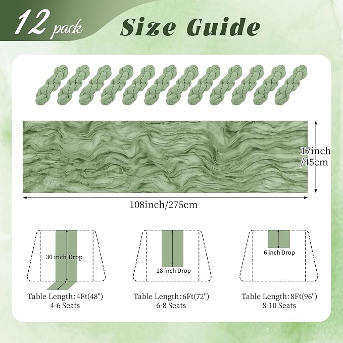 12 Pack Sage Green Cheesecloth Table Runner 17x108 Inch Semi Sheer Boho Gauze - Image 2