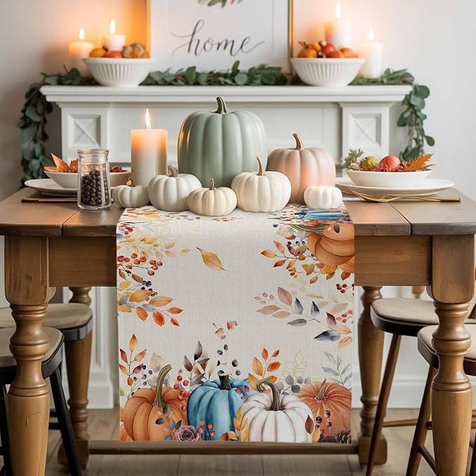 Orange Blue Pumpkin Fall Table Runner 108 Inches Long, Thanksgiving Eucalyptus - Image 2