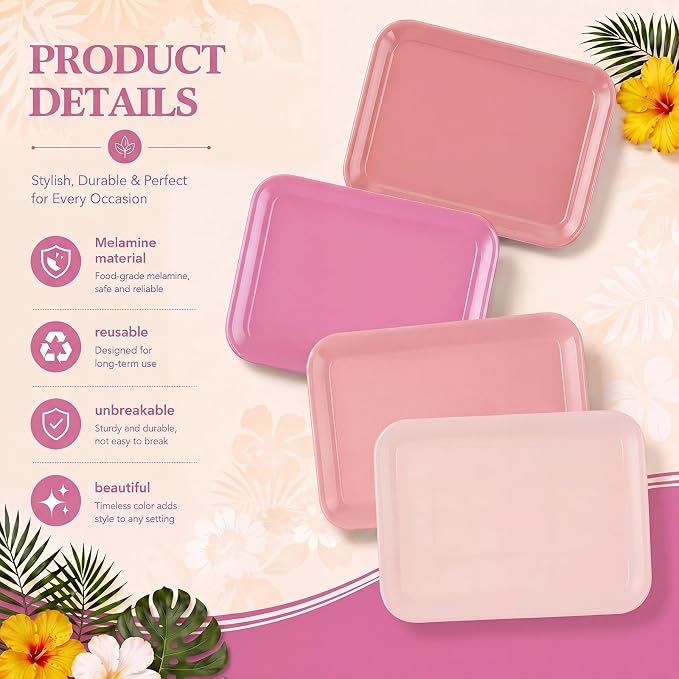 4 Pieces Pink Serving Trays Pastel Melamine Platters Reusable Rectangle Party - Image 3