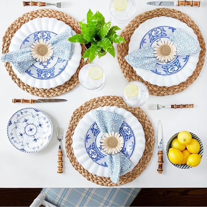 Woven Sunflower Napkin Rings Set of 4, Handmade Faux White Daisy Napkin Ring - Image 3