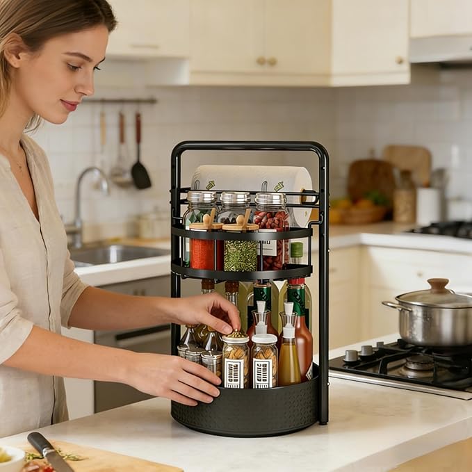 Rotating Spice Rack with Paper Towel Holder, Durable Iron, Seasoning Organizer - Image 2