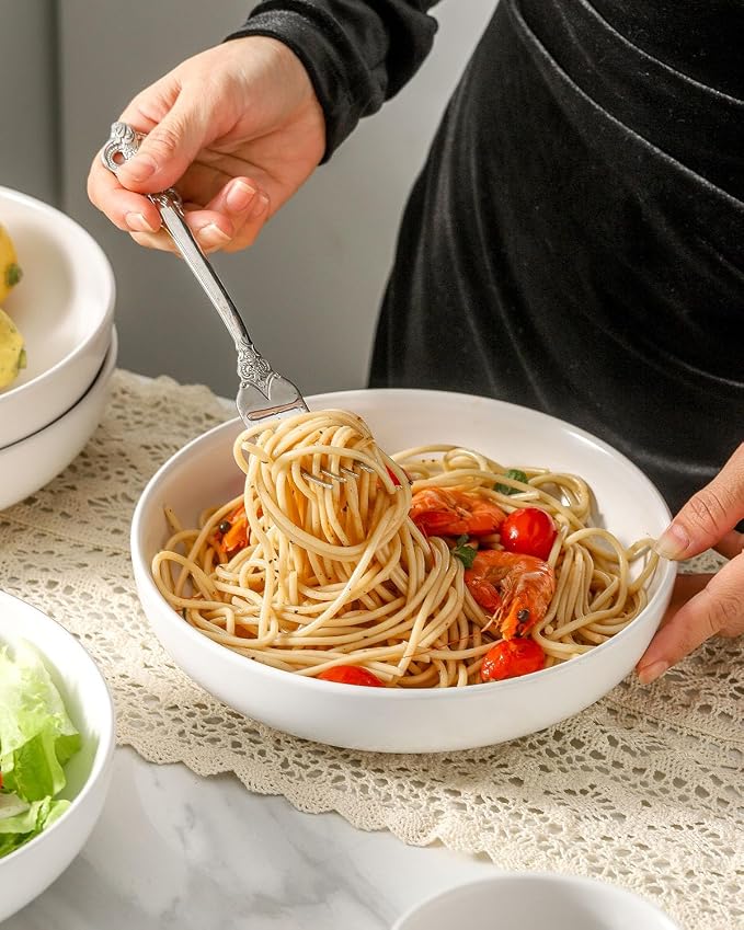Pasta Bowls Set of 2, 34 oz Deep Salad Bowls, Stoneware Bowl Plates - Image 4