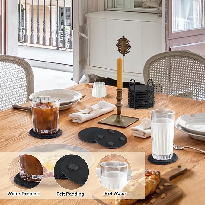 Slate Coasters with Holder, MAPRIAL 4 Inch Coaster Set of 12 Round Black Slate - Image 6