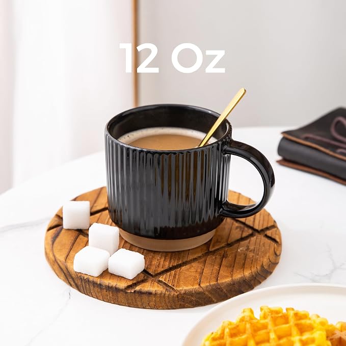 GBhome 12 OZ Stackable Coffee Mugs Set of 4, Ceramic Black Coffee Cups Set | 4 - Image 2