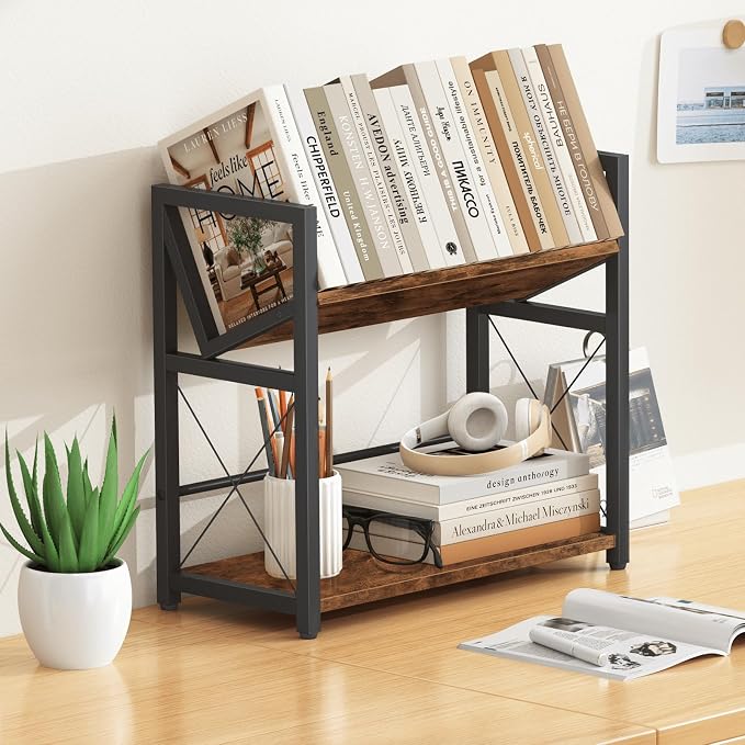 ELITEROO Desktop Bookshelf, 2 Tier Desk Shelf Organizer, Wooden Tabletop - Image 2