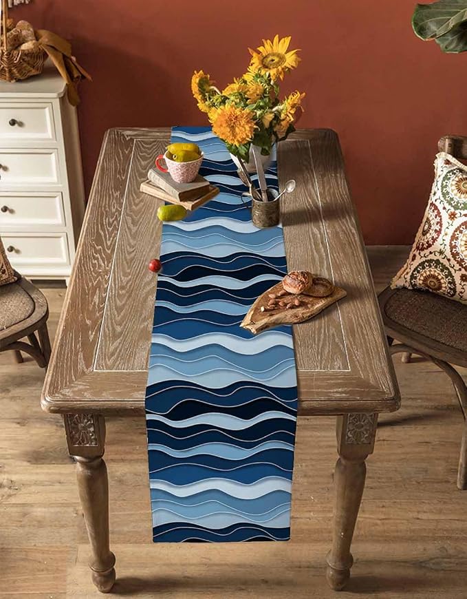 Abstract Blue Moire Short Table Runners 36 Inches, Cotton Linen Fabric Table - Image 4