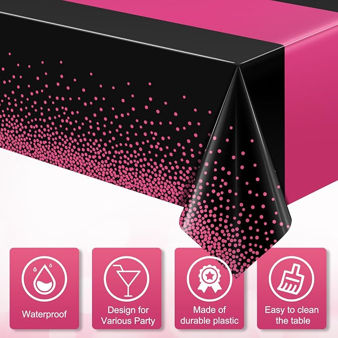 3Pcs Black Hot Pink Tablecloth Party Decorations, Plastic Black Table Cloth - Image 3