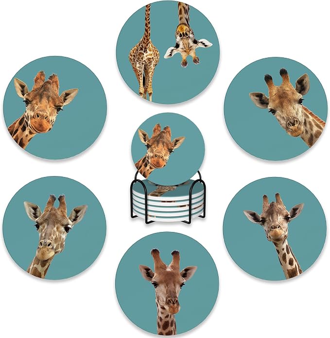 6 Pcs Coasters for Drinks with Holder, Funny Giraffe Absorbent Coaster with by BUYIDUI