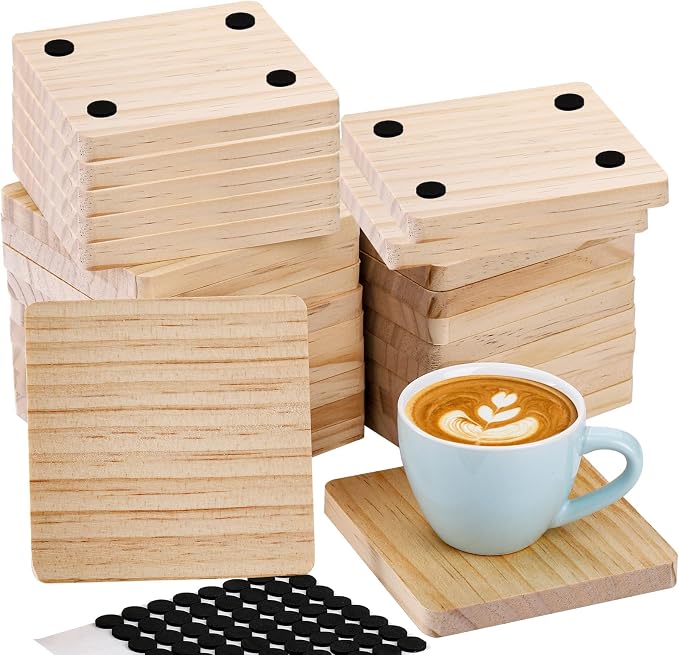 Dicunoy 20 Pack Unfinished Wood Coasters, Square Coasters by Dicunoy