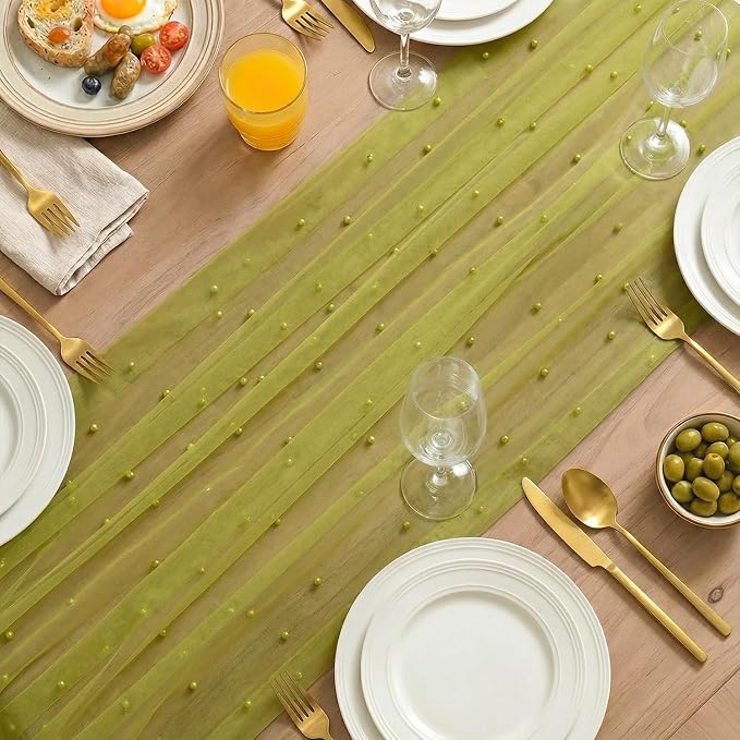 Artoid Mode Pearl Olive Green Gauze Table Runner 120 Inch 10FT, Seasonal Sheer - Image 3