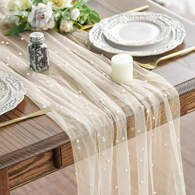 Artoid Mode 6PCS Pearl Beige Gauze Table Runner 120 Inch 10FT, Seasonal Sheer by ArtoidMode