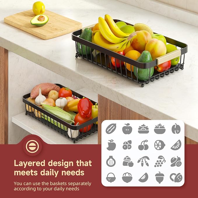 3-Tier Fruit Basket with Banana Hangers, Detachable Metal Bowl | Wooden handle - Image 5