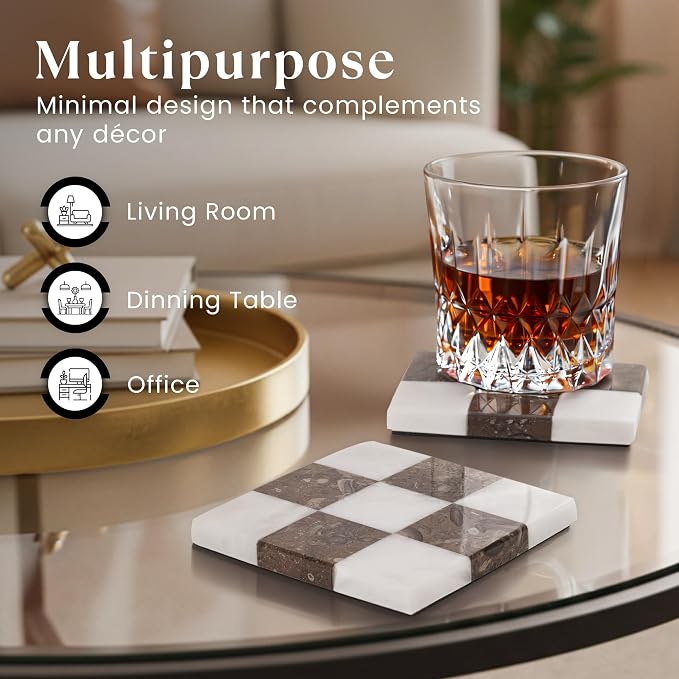 Marble Coasters Set of 4, Square Drink Checkered Coasters - Image 4