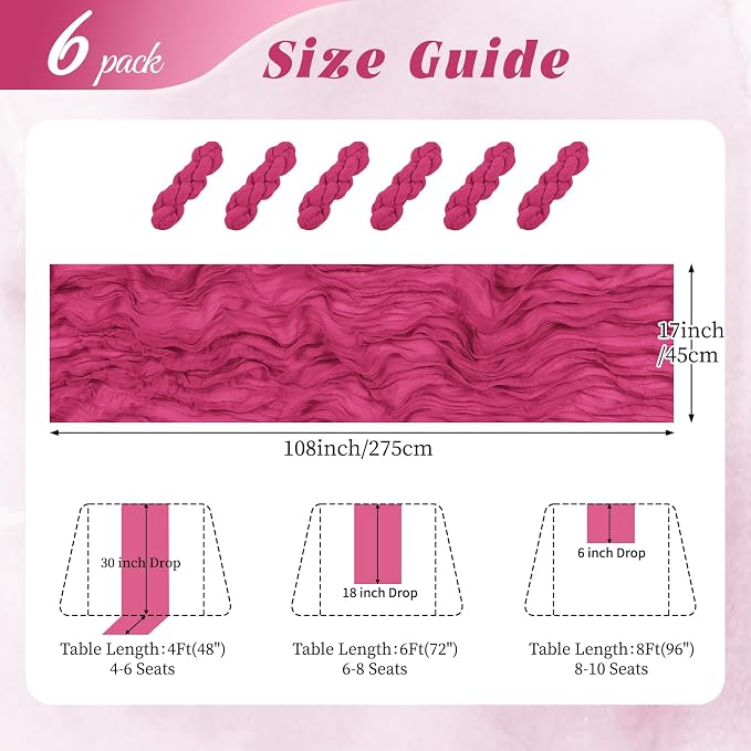 6 Pack Hot Pink Cheesecloth Table Runner 17x108 Inch Semi Sheer Boho Gauze - Image 2