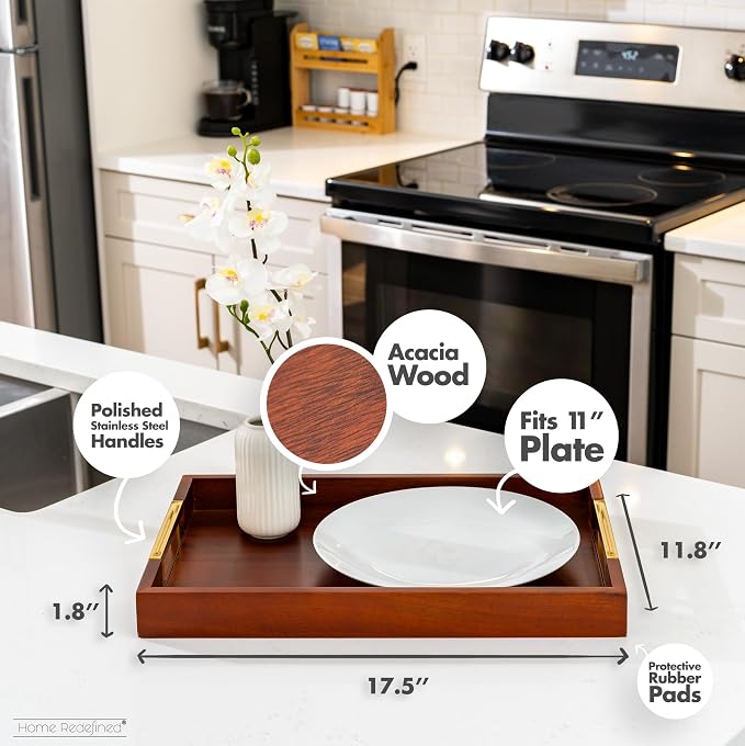 Acacia Wood Serving Tray with Polished Gold Stainless Steel Metal Handles - Image 3