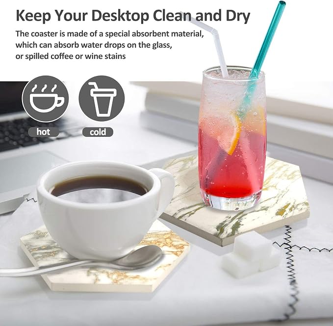 Coasters Set of 8 with Metal Holder Stand, Marble Design Ceramic Coaster Set - Image 3