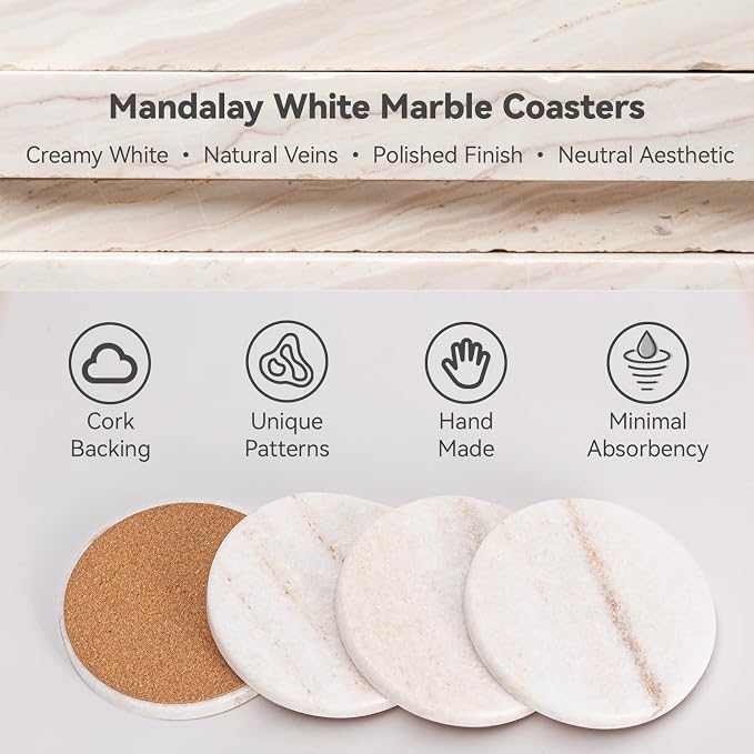Cream White Marble Coasters Set of 4, Modern Neutral Drink Coaster - Image 3