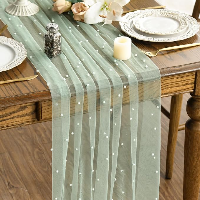 Artoid Mode 6PCS Pearl Grass Green Gauze Table Runner 120 Inch 10FT, Seasonal by ArtoidMode