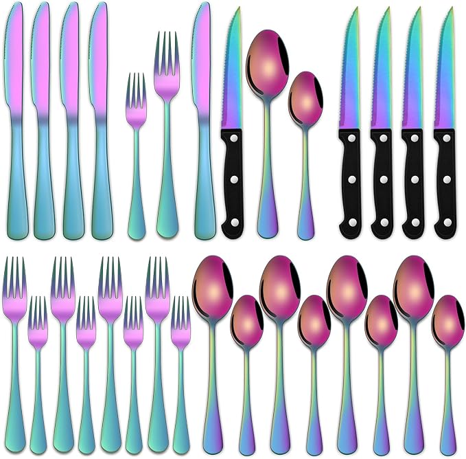 Rainbow 24 Pieces Stainless Steel Silverware Sets by DEHOVKitchen