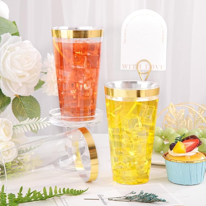 I00000 16 oz Gold Plastic Cups, 50 Pack Clear Plastic Cups Tumblers Gold Rimmed - Image 3