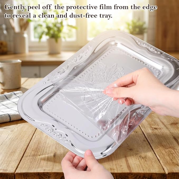 6 Packs Silver Serving Trays, 13.8" x 8.7" Bow Floral Engraved Mirror - Image 4
