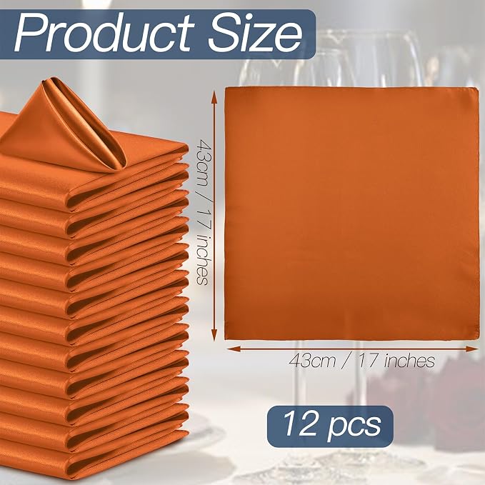 P Pothuiny 12 Pcs Burnt Orange Satin Napkins 17x17 in, Satin Cloth Napkins | - Image 2