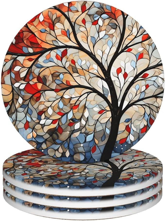 Artistic Tree Pattern Coasters for Drinks Absorbent Round Ceramic Coasters Set by Unknown