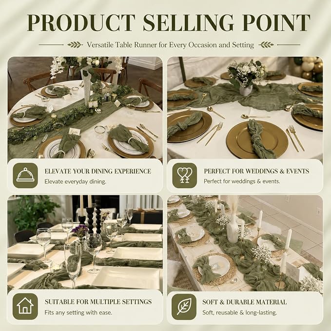 12 Pack Olive Green Cheesecloth Table Runner 17x108 Inch Boho Rustic Semi Sheer - Image 7