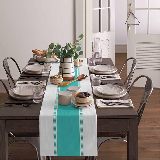 Teal Stripes Table Runners 120 inches Long, Farmhouse Burlap Table Runner - Image 4
