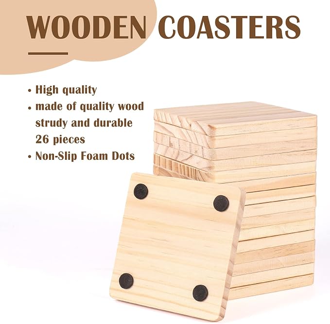 26 Pack Unfinished Wood Coasters, 4 Inch Square Blank Wooden Coasters Crafts - Image 3