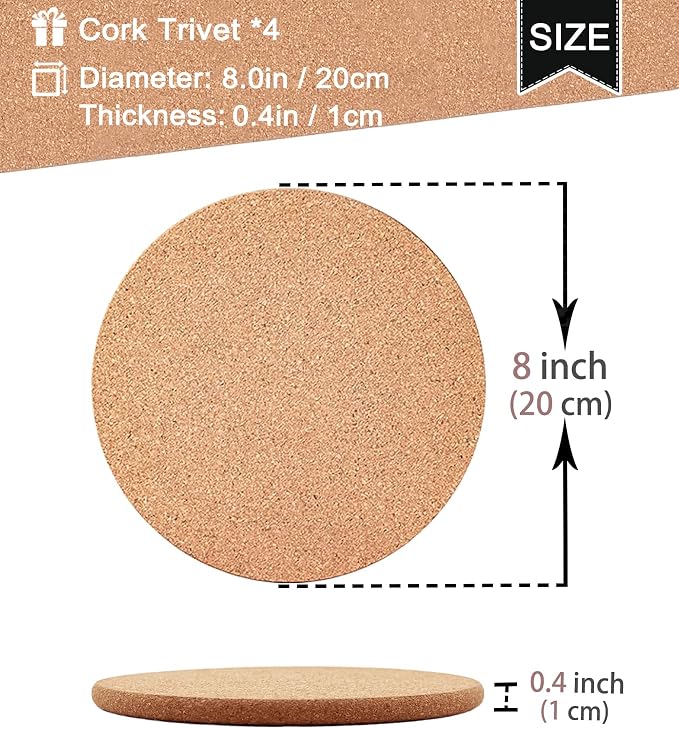 Cork Trivets for Hot Dishes, Hot Pots and Pans, 8 Inch 4 Pcs | High Density - Image 3