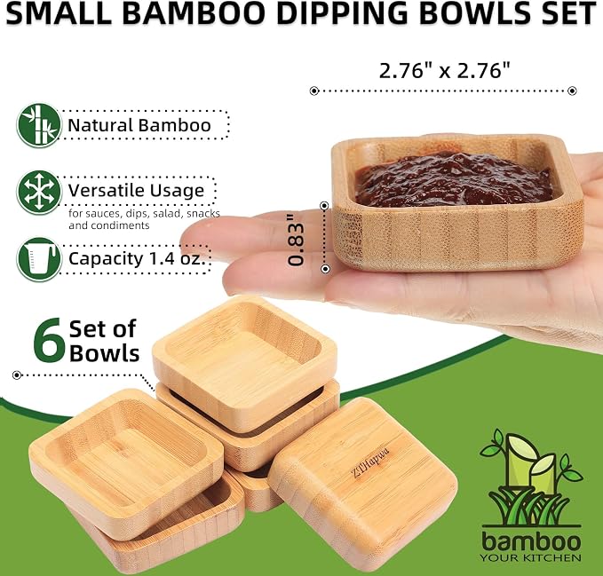 Snack Bowl Set, Small Bamboo Sauce Dish Dipping Bowls - Image 2