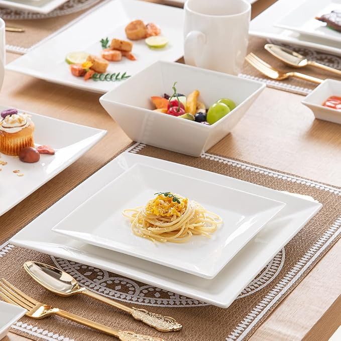 Off-White Porcelain Dinnerware Set, Square Dishes Set - Image 7