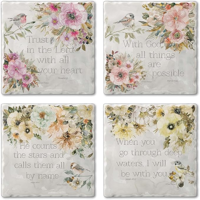 Thirstystone Floral Scriptures 4 Pack Assorted Tumbled Tile Stone Coasters | 4" by CounterArt