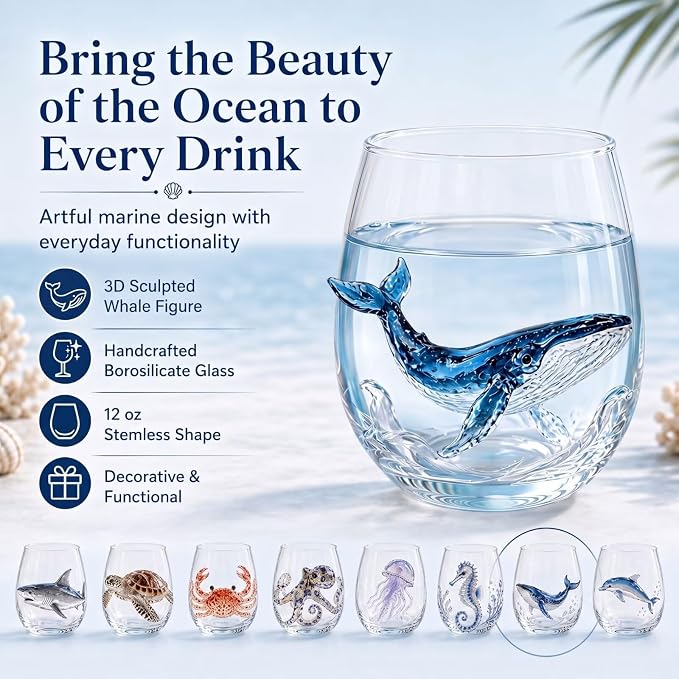 Set of 4 Reef Shell 3D Ocean Animal Artisan Glassware, Bar Cups | Unique - Image 5