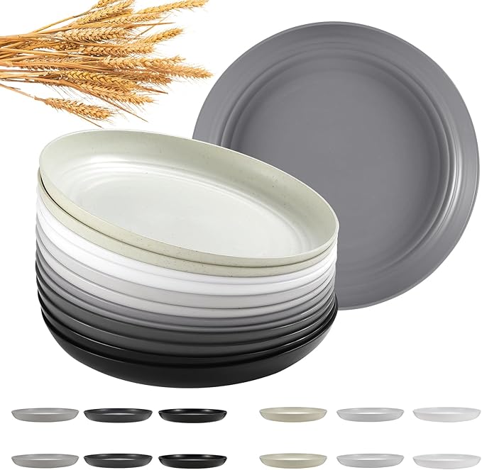HEYCOME 12 Pcs Unbreakable Deep Dinner Plates Set, 10 inch Reusable Plastic by StayHealthyStayHappy