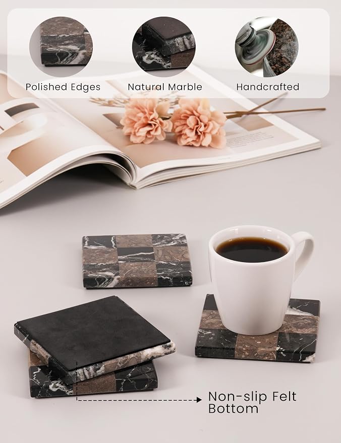 Marble Coasters Set of 4, Zebra Black & Oceanic Handmade 4 inch Stone Coaster - Image 3