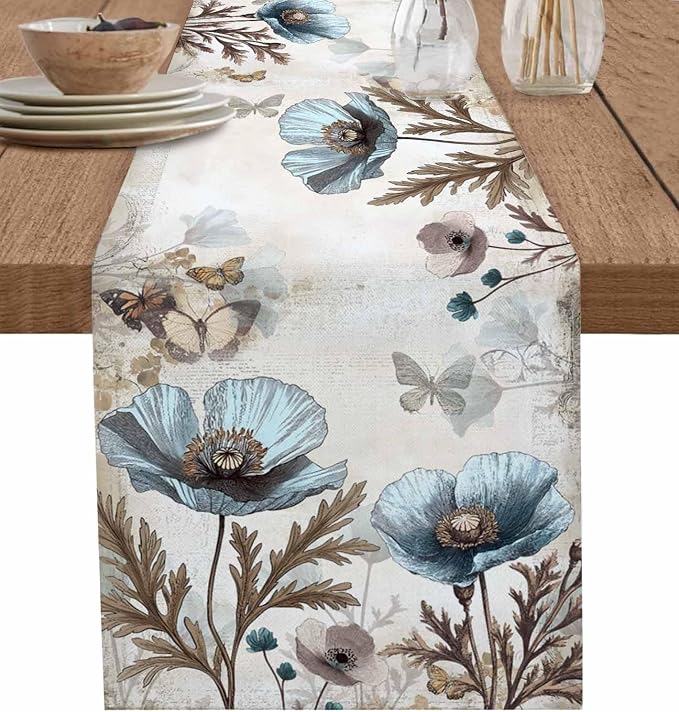 Vintage Tulip Flowers Table Runners 60 Inches Long, Cotton Linen Fabric Table by Edwiinsa