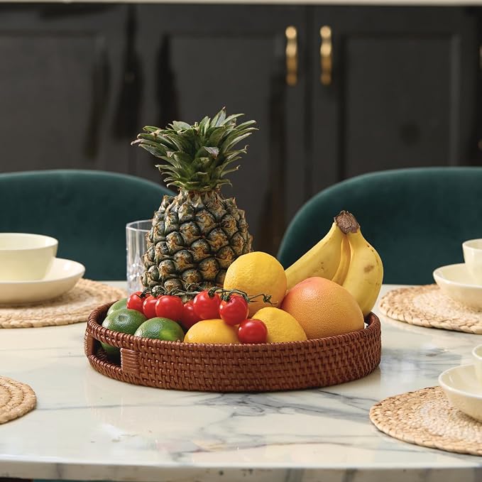13.8 inch Round Rattan Tray, Decorative Coffee Table Tray, Ottoman Trays - Image 3