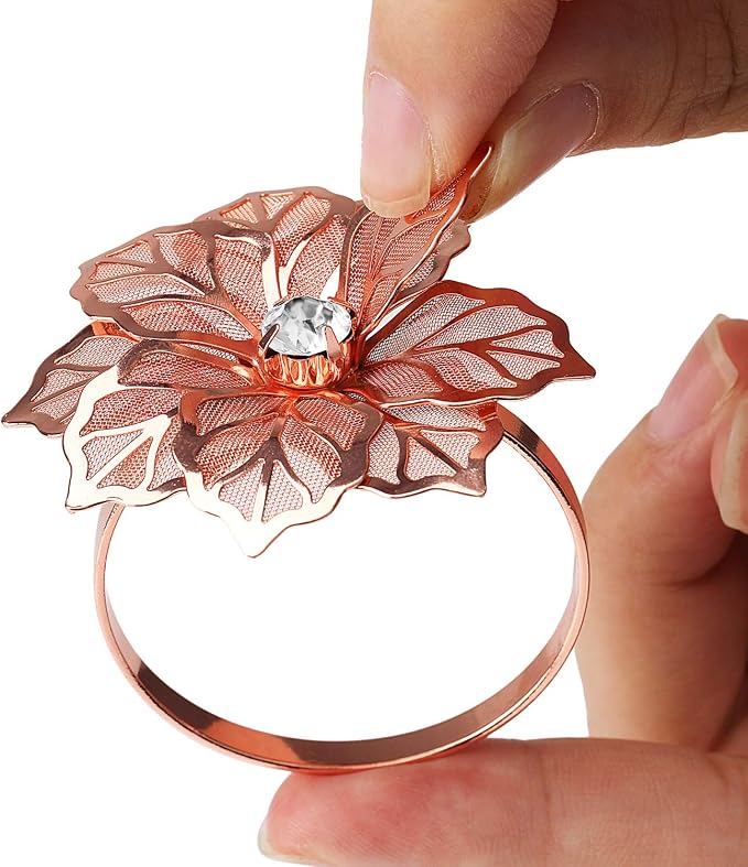 KPOSIYA Flower Napkin Rings Holder Metal Rose Gold Napkin Rings Set of 12 - Image 4