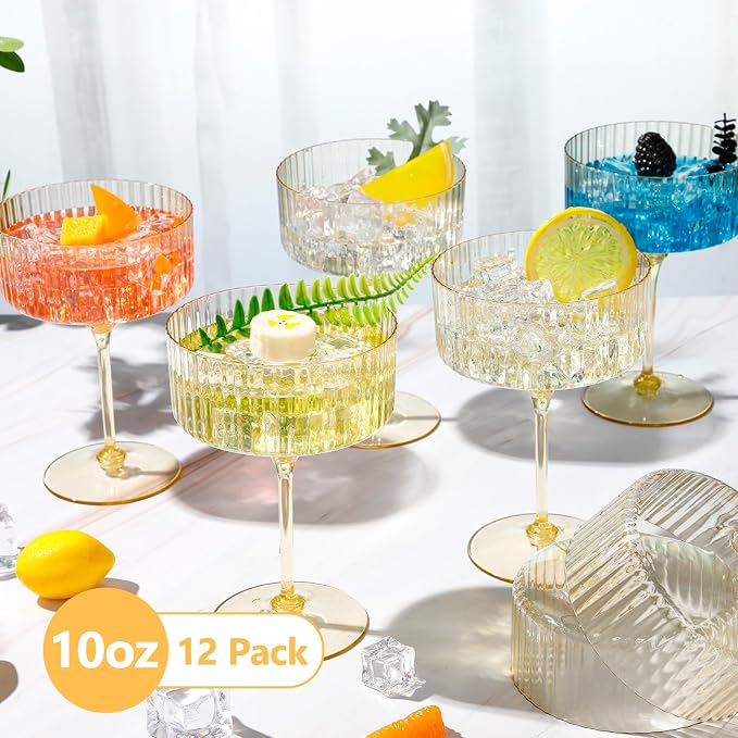 Jingmore 12 Pcs Ribbed Martini Glasses 10 oz Disposable Plastic Vintage Ribbed - Image 3