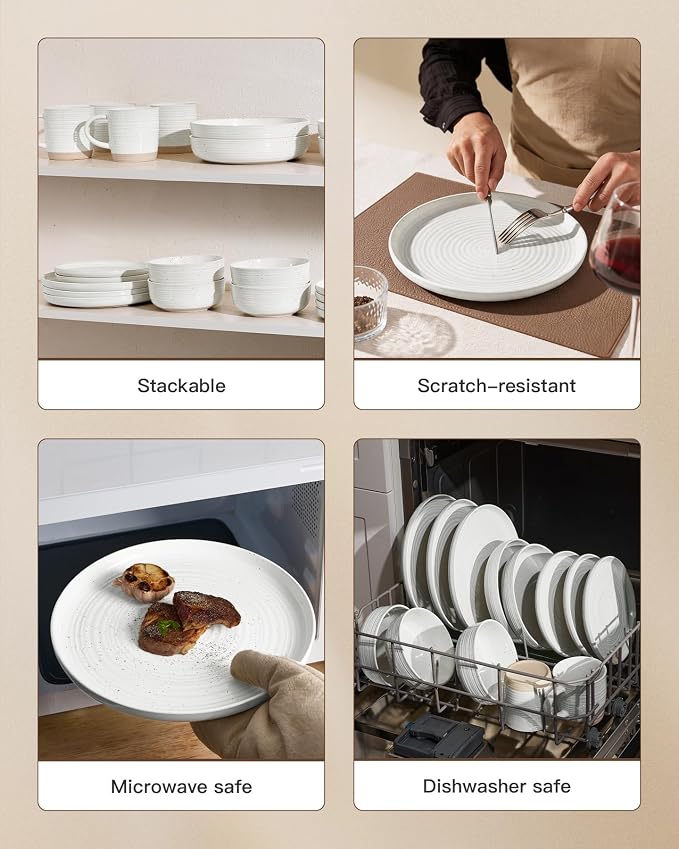 Stoneware Dinnerware Set with Pasta Bowls, Service - Image 4