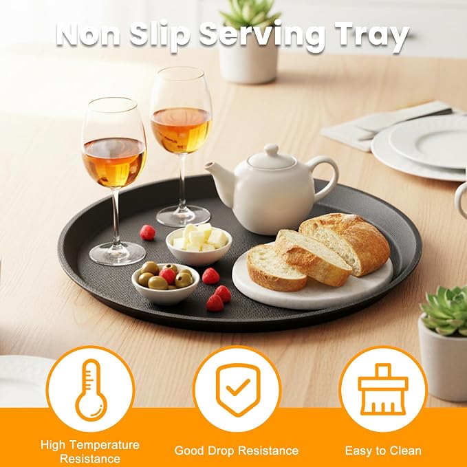 12 Pcs Black Restaurant Serving Trays Bulk Plastic Non Slip Surface Round Drink - Image 5