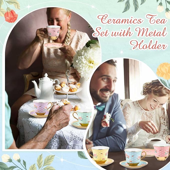 Teenyyou Set of 18 Tea Cups and Saucers Tea Party Decorations Floral Porcelain - Image 7