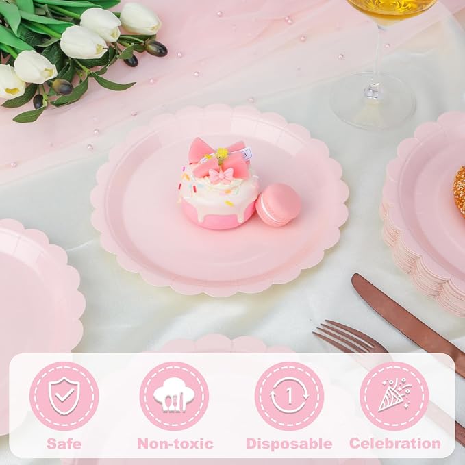 32 Pcs Pink Paper Plates 9 Inch Scalloped Dessert Plates - Image 5